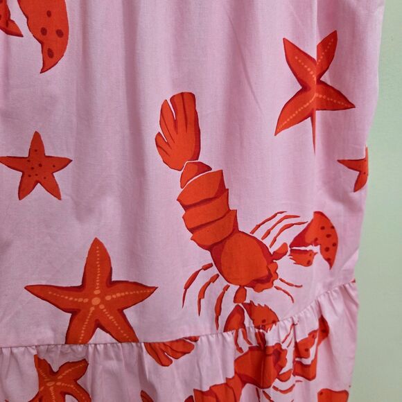 J CREW Pink Red Lobster Print Maxi Dress Sz 2 Square Neck Cotton Smocked tiered - Picture 4 of 13